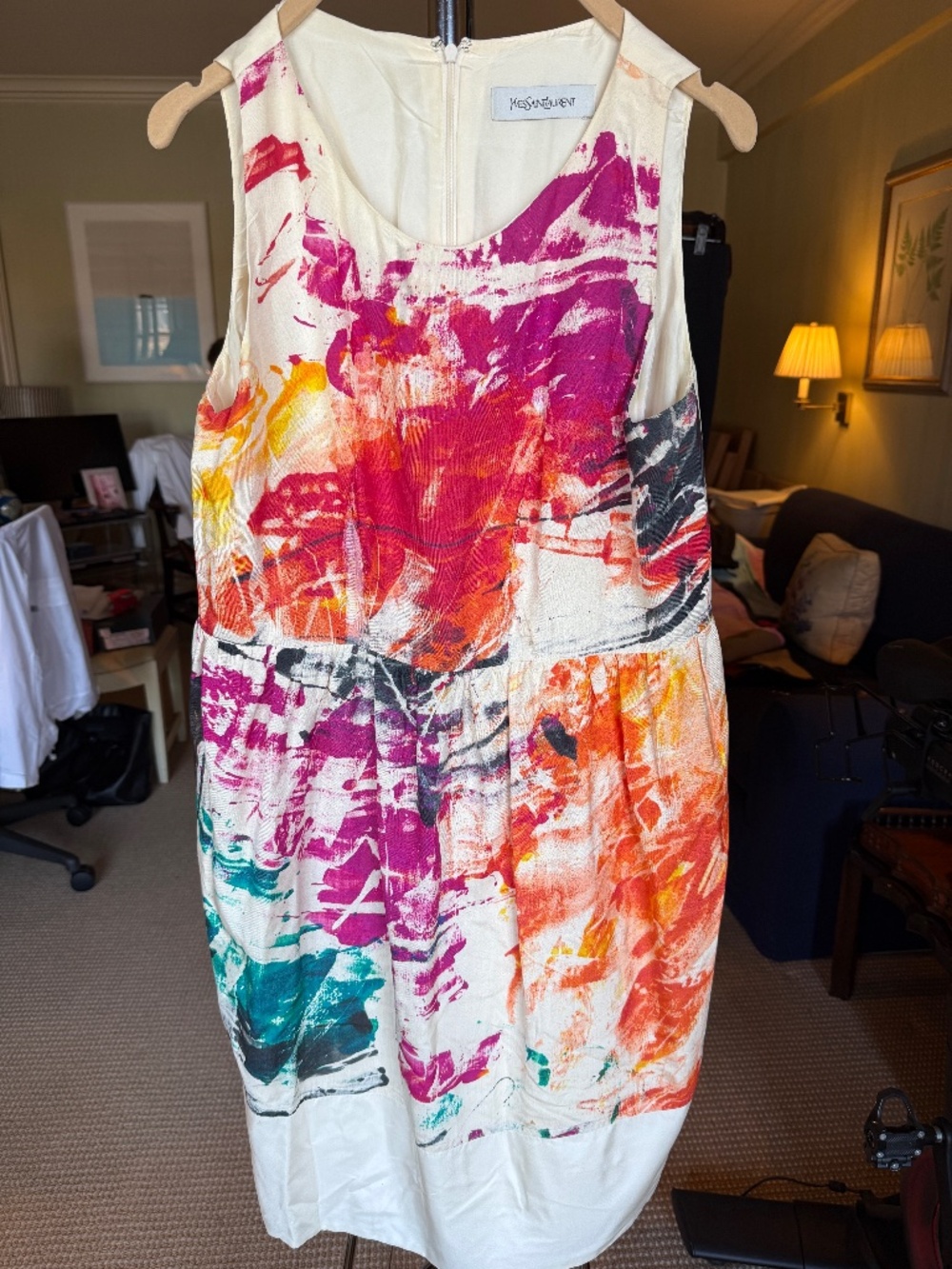 YVES SAINT LAURENT Abstract Print Silk Knee-Length Sleeveless Dress Size 12
